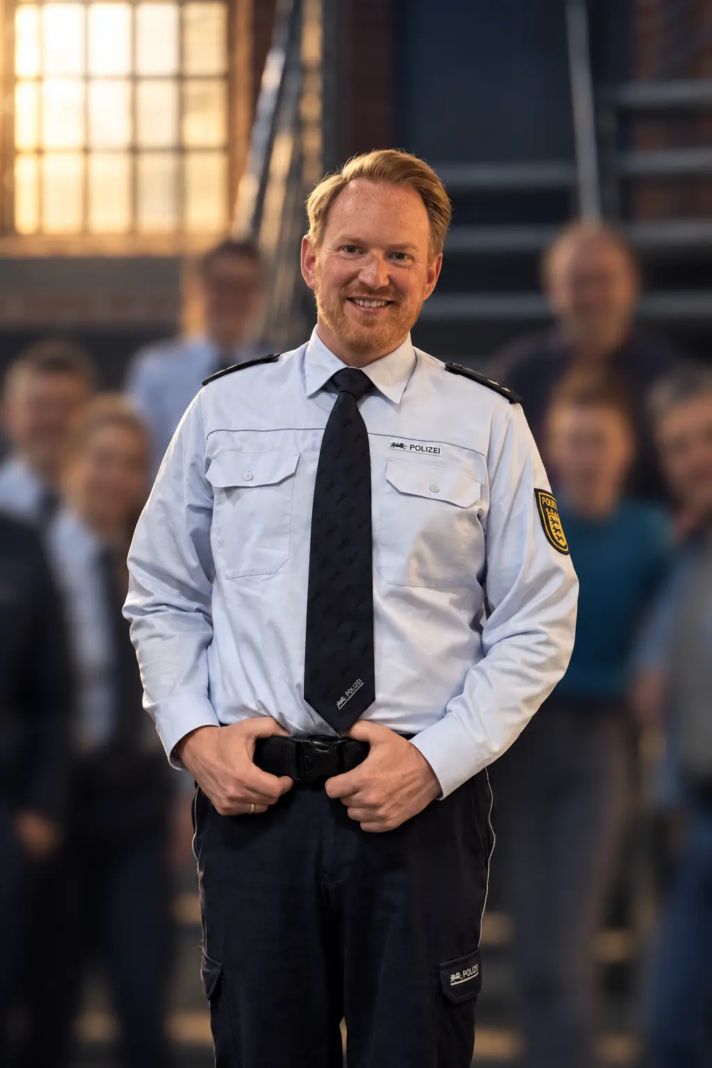 Kraftvolles Porträt von Marcus in Polizeiuniform am Set; alle anderen Personen sind vollständig unscharf dargestellt