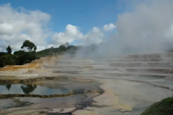 Dampfende geothermische Landschaft mit mineralischen Terrassen in Neuseeland